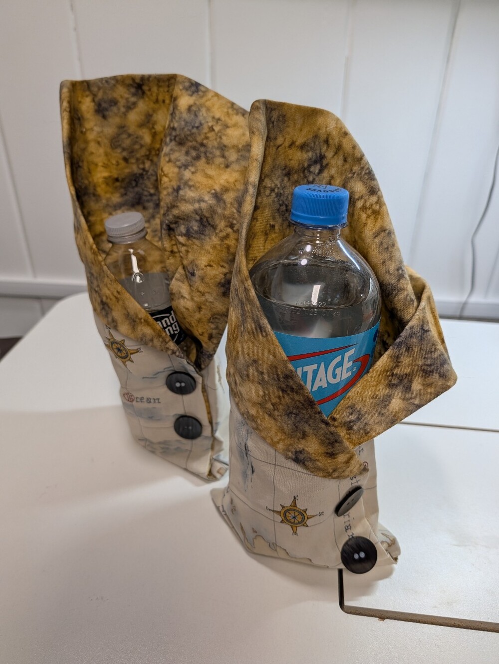 2 Hand Crafted Map Print Fabric Bottle Jacket with Gray Buttons, Giftwrapping